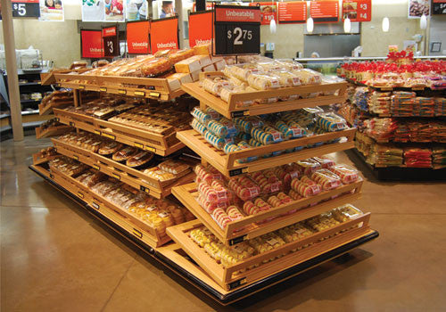3 shelf pastry display features glass doors to keep your pastries fresh. With storage down below for bags and tissue. 4 adjustable shelves on the back for island merchandising.
